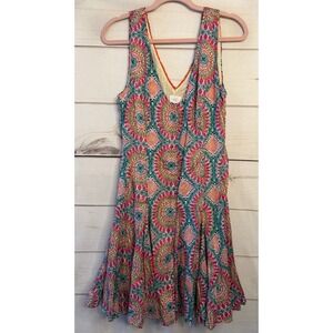 HD in Paris Anthropologie Cotton Mandala Print V-Neck Pleated Dress Size 12